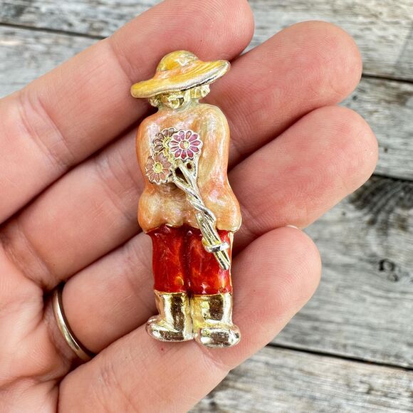 Vintage Jewelry Gardener Brooch Lady with Flowers Pin - Picture 2 of 3